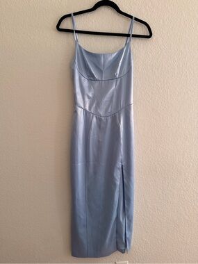 Up and Down Blue Satin Midi Dress Side Slit
